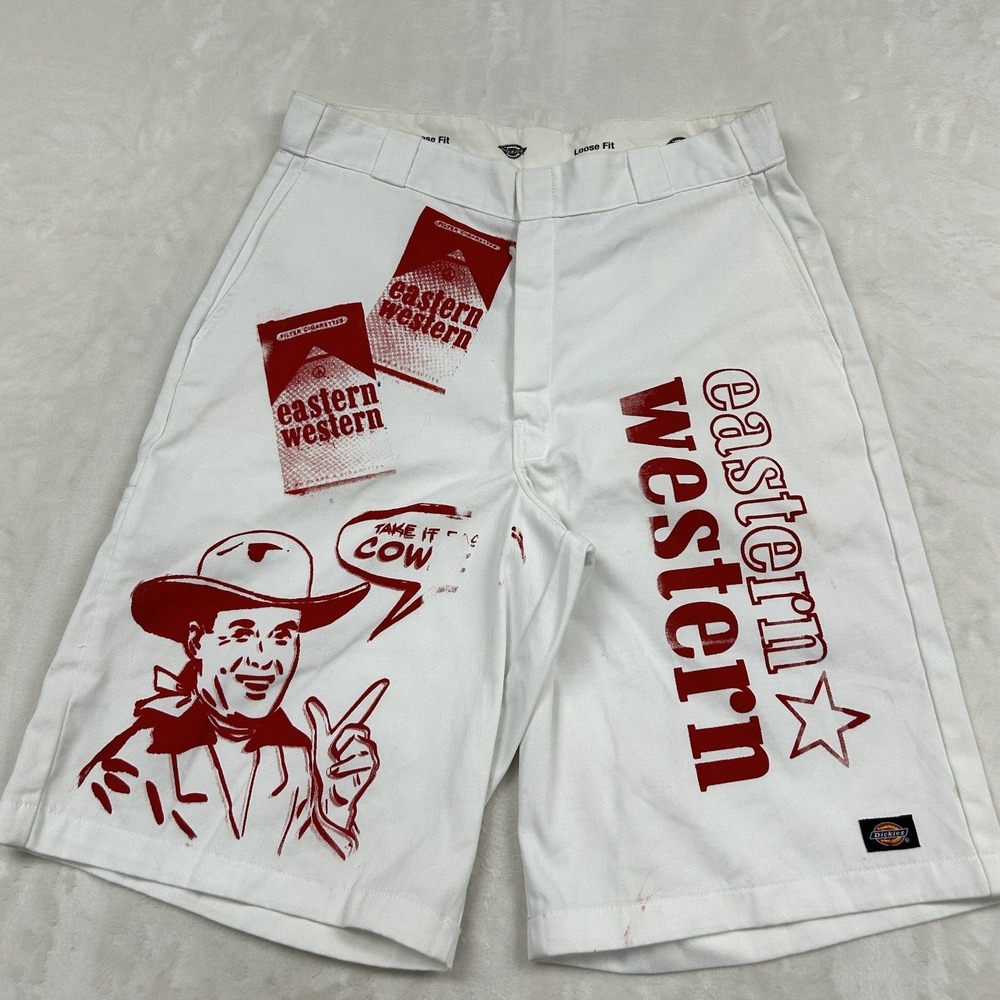 Dickies Loose Fit Shorts Mens 36 White Custom Eastern Western Graphic Cowboy